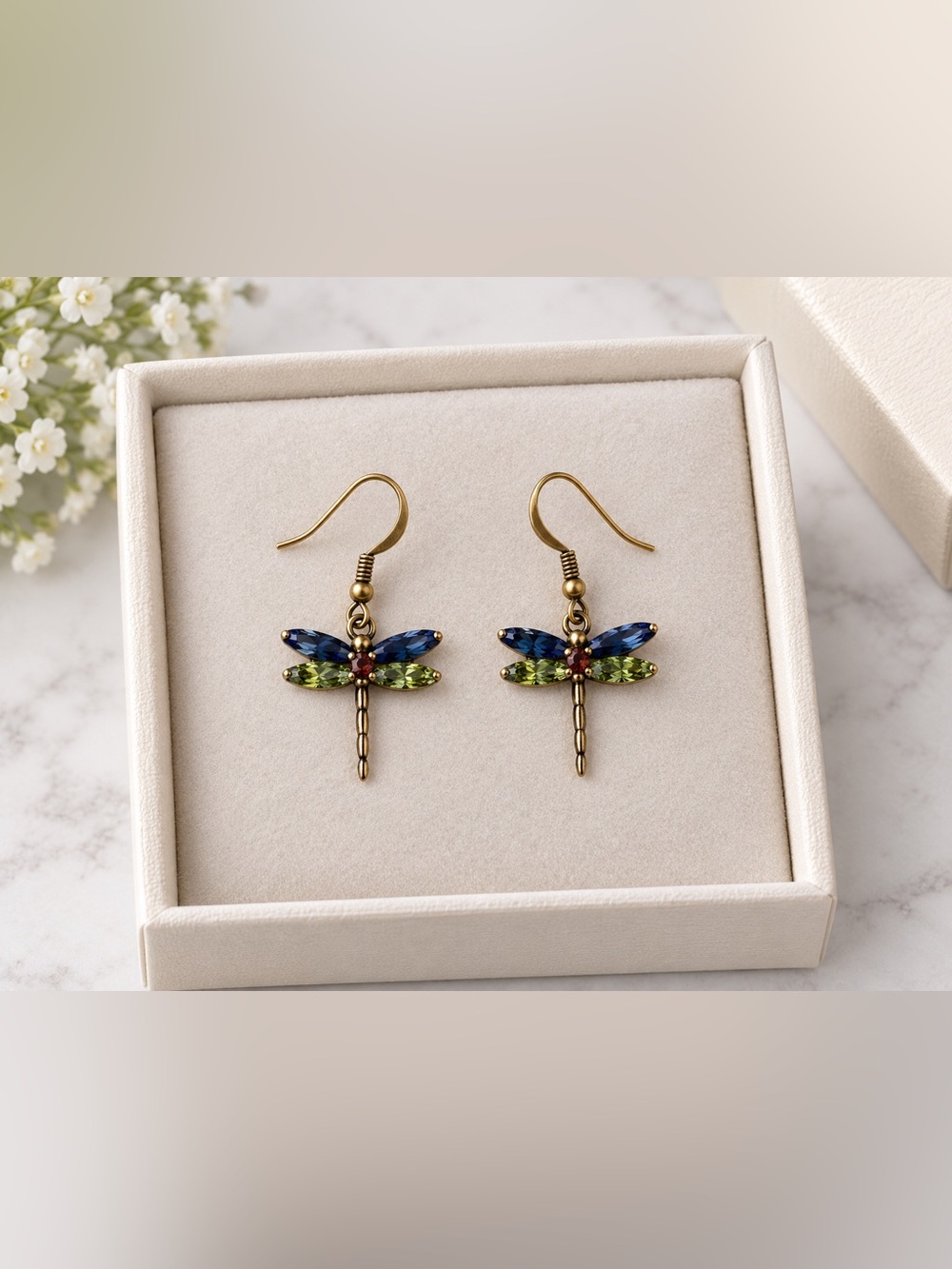 Brass Dragonfly Drop Earrings with Blue and Green Crystals